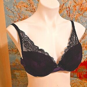 38B Chantelle Black and Purple Lace Padded Bra